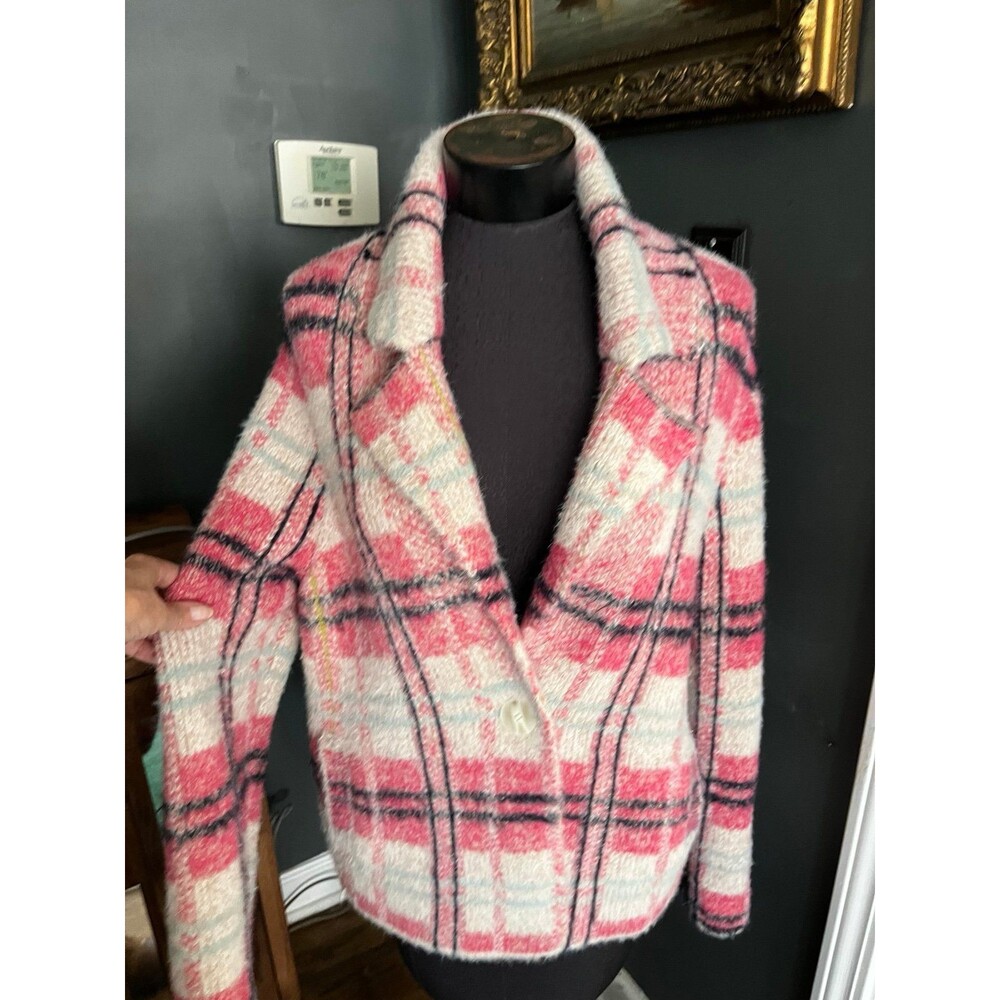 Women's Maeve Aurelia Anthropologie Plaid Sweater Coat Cardigan pink sz L